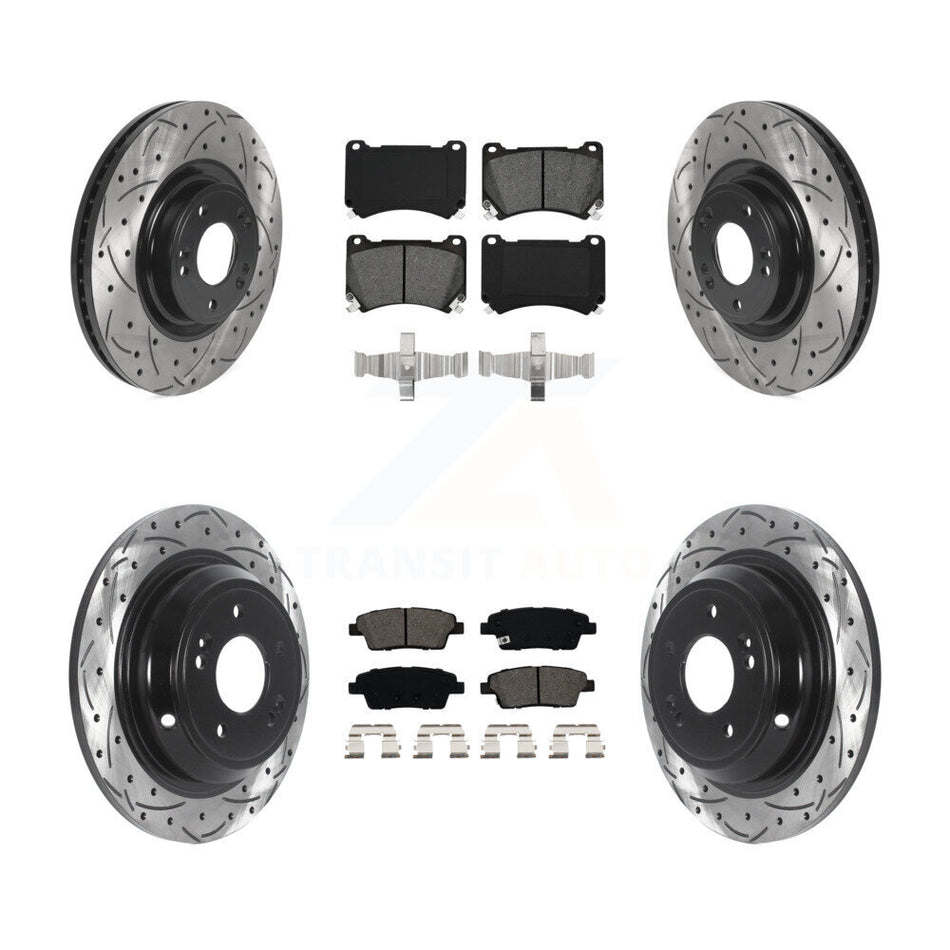 Front Rear Coated Drilled Slotted Disc Brake Rotors And Semi-Metallic Pads Kit For Hyundai Genesis KDS-100743