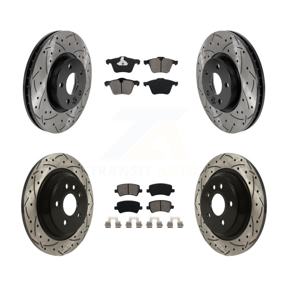 Front Rear Coated Drilled Slotted Disc Brake Rotors And Semi-Metallic Pads Kit For 2008 Volvo V70 With 300mm Diameter Rotor KDS-100744