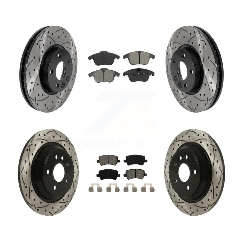 Front Rear Coated Drilled Slotted Disc Brake Rotors And Semi-Metallic Pads Kit For 2013-2014 Volvo S60 With 300mm Diameter Rotor KDS-100745