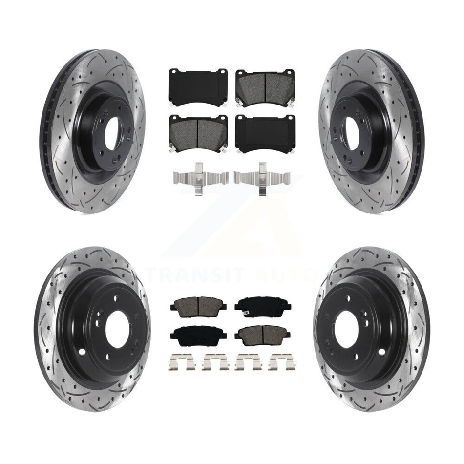Front Rear Coated Drilled Slotted Disc Brake Rotors And Semi-Metallic Pads Kit For 2012-2014 Hyundai Genesis 5.0L KDS-100749