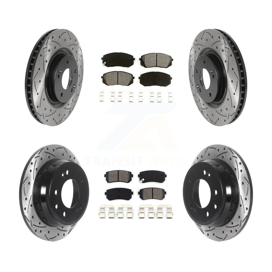 Front Rear Coated Drilled Slotted Disc Brake Rotors And Semi-Metallic Pads Kit For 2015 Hyundai Tucson FWD with FUEL CELL EV (FCEV) engine KDS-100753