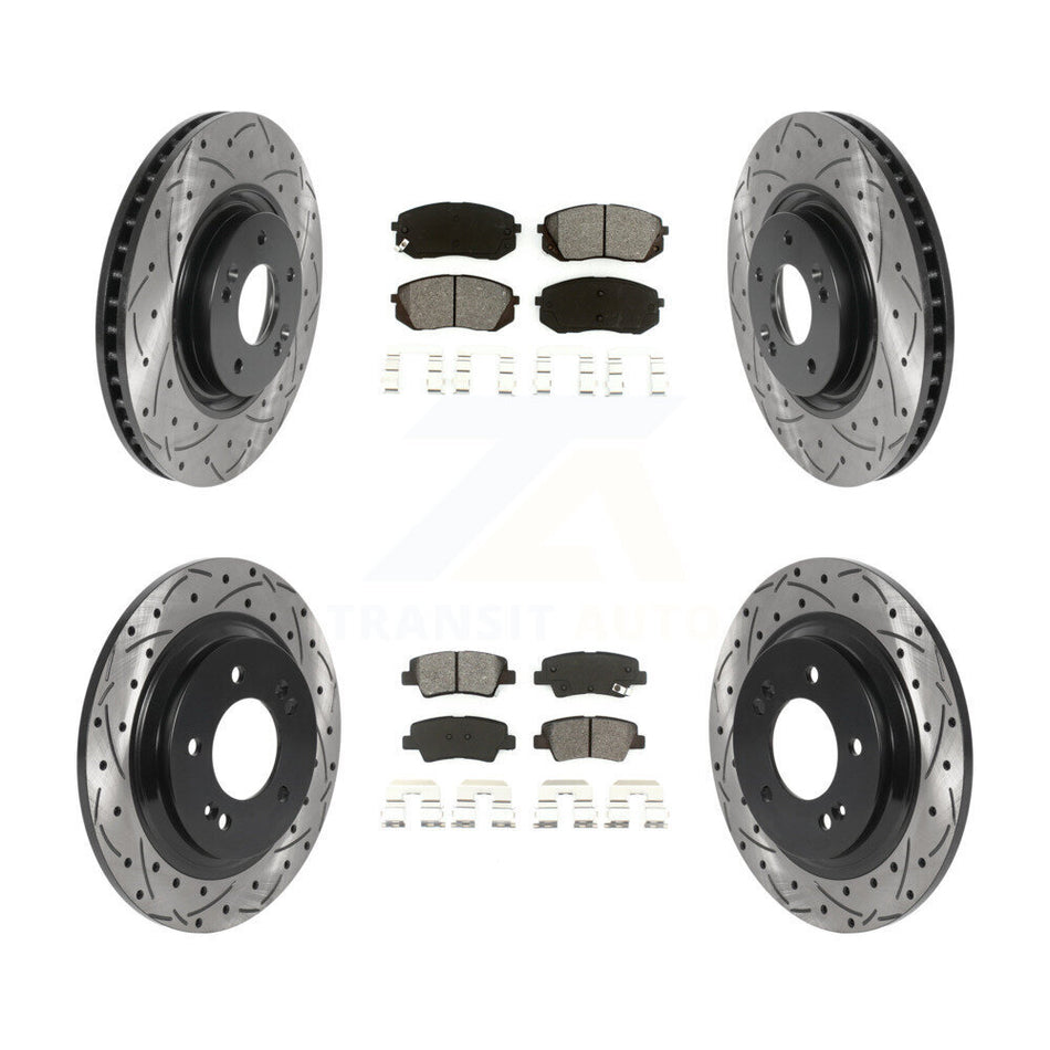Front Rear Coated Drilled Slotted Disc Brake Rotors And Semi-Metallic Pads Kit For 2015 Hyundai Sonata GAS engine With Power Operated Parking KDS-100754