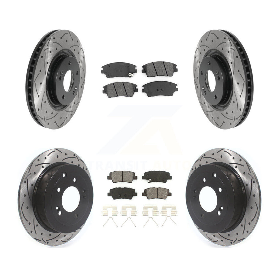 Front Rear Coated Drilled Slotted Disc Brake Rotors And Semi-Metallic Pads Kit For 2017-2021 Kia Sportage Turbocharged With Manual Parking KDS-100759