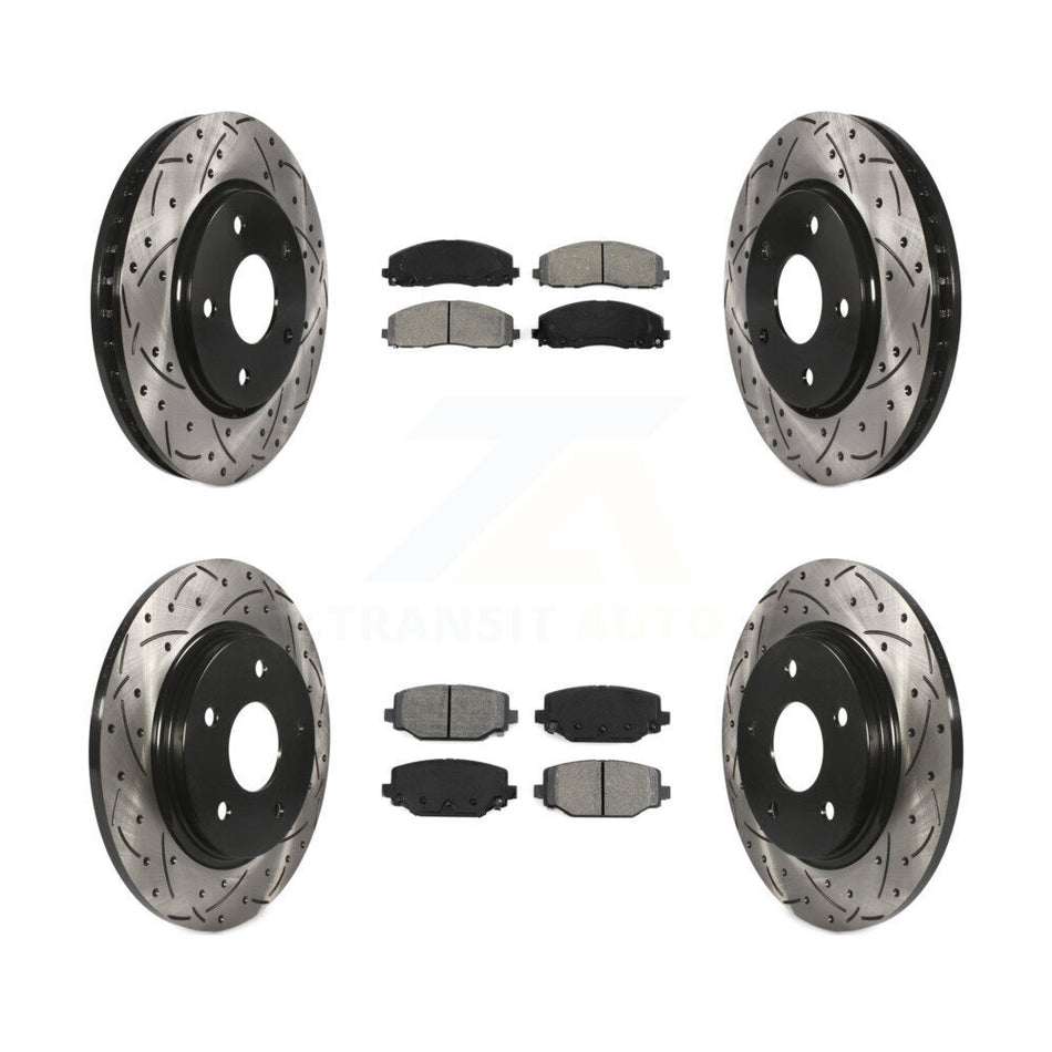 Front Rear Coated Drilled Slotted Disc Brake Rotors And Semi-Metallic Pads Kit For 2017-2018 Dodge Grand Caravan With Single Piston Caliper KDS-100851
