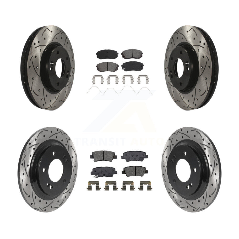 Front Rear Drilled Slot Disc Brake Rotors Semi-Metallic Pad Kit For 2017-2019 Kia Soul EV KDS-100876