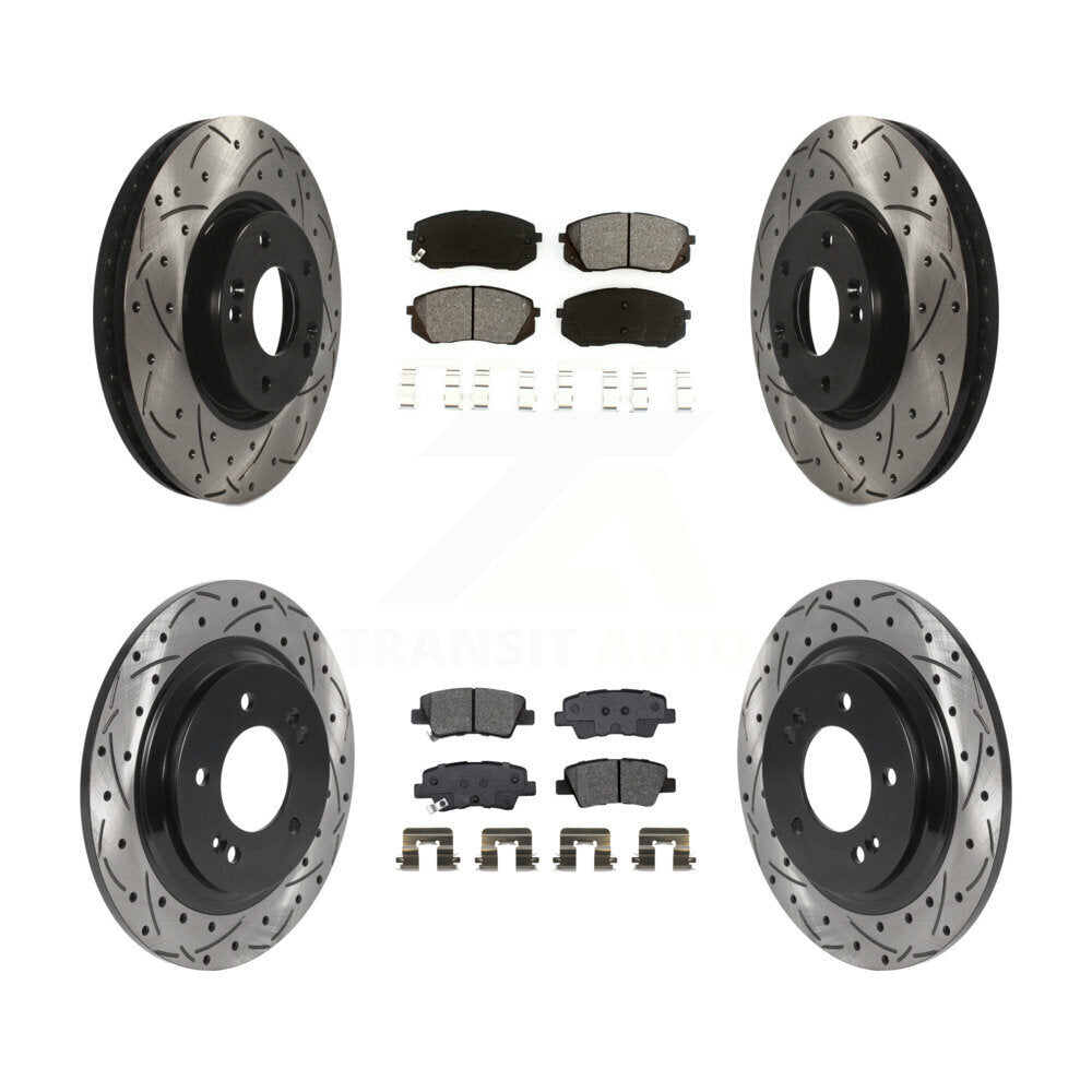Front Rear Coated Drilled Slotted Disc Brake Rotors Semi-Metallic Pad Kit For Kia Soul EV KDS-100878