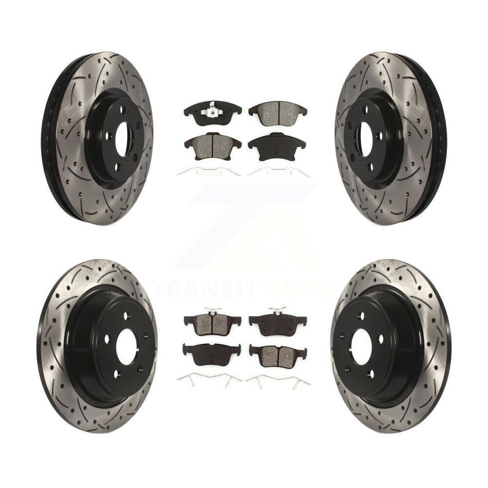 Front Rear Coated Drilled Slotted Disc Brake Rotors And Semi-Metallic Pads Kit For 2019-2020 Ford Police Responder Hybrid SSV Plug-In KDS-100893