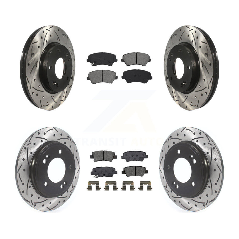 Front Rear Coated Drill Slot Disc Brake Rotors Semi-Metallic Pad Kit For Hyundai Veloster KDS-100927