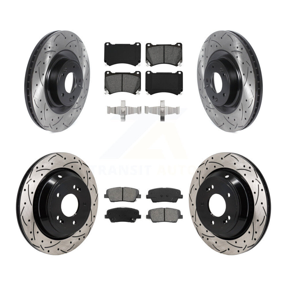 Front Rear Coat Drill Slot Disc Brake Rotors Semi-Metallic Pad Kit For 2011 Hyundai Equus KDS-101154