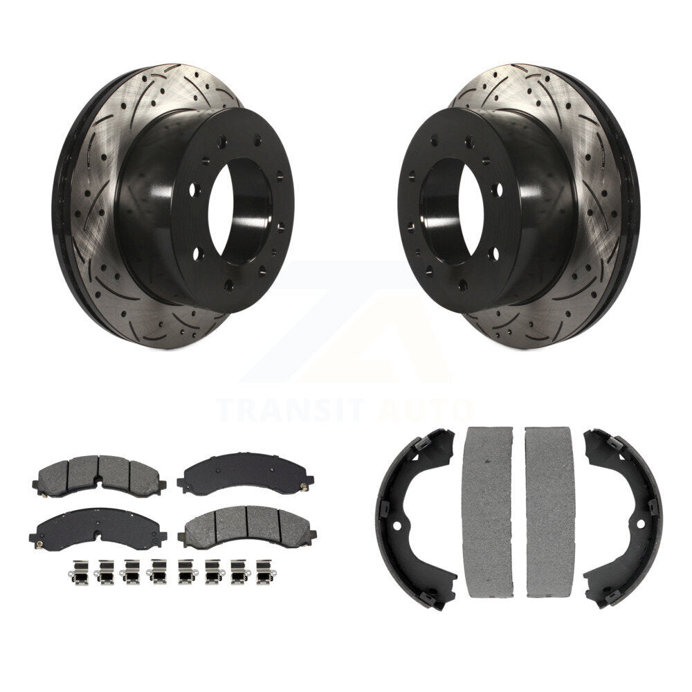 Rear Disc Drilled & Slotted Rotors Semi-Metallic Pads Parking Shoes Kit For GMC Chevrolet KDS-101211