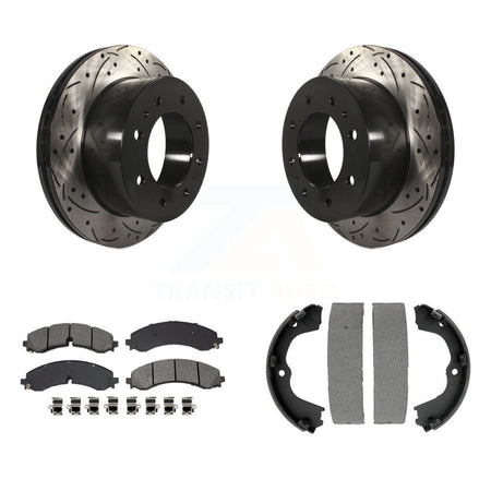 Rear Disc Drilled & Slotted Rotors Semi-Metallic Pads Parking Shoes Kit For GMC Chevrolet KDS-101211