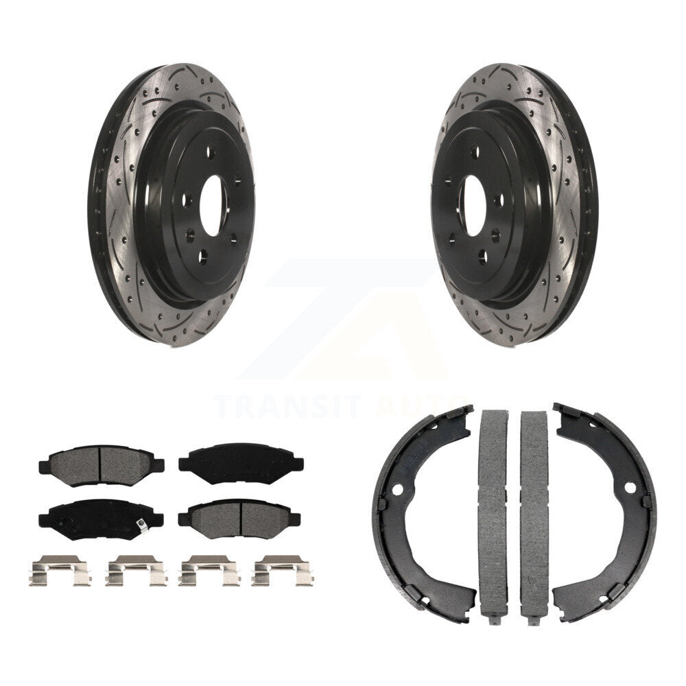 Rear Disc Drilled & Slotted Rotors Semi-Metallic Pads Parking Shoes Kit For Chevrolet CTS KDS-101215