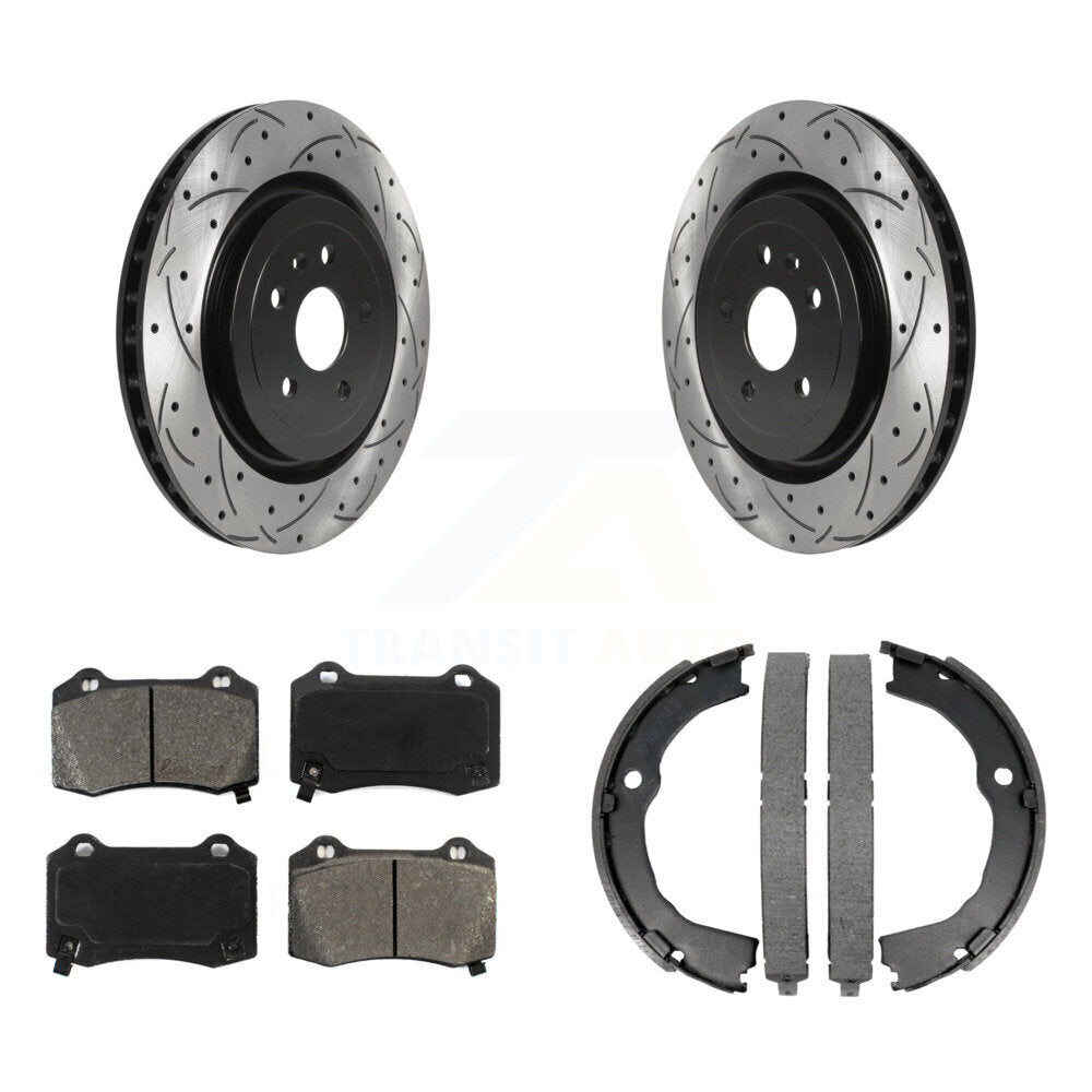 Rear Disc Drilled & Slotted Rotors Semi-Metallic Pads Parking Shoes Kit For Chevrolet CTS KDS-101216