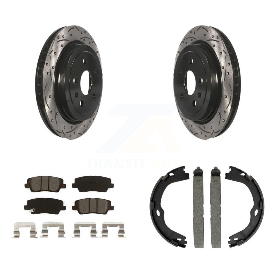 Rear Disc Drilled & Slotted Rotors Semi-Metallic Pads Parking Shoes Kit For Cadillac CTS KDS-101219