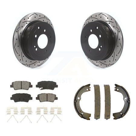 Rear Disc Drilled & Slotted Rotors Semi-Metallic Pads Parking Shoes Kit For Hyundai Kia KDS-101220