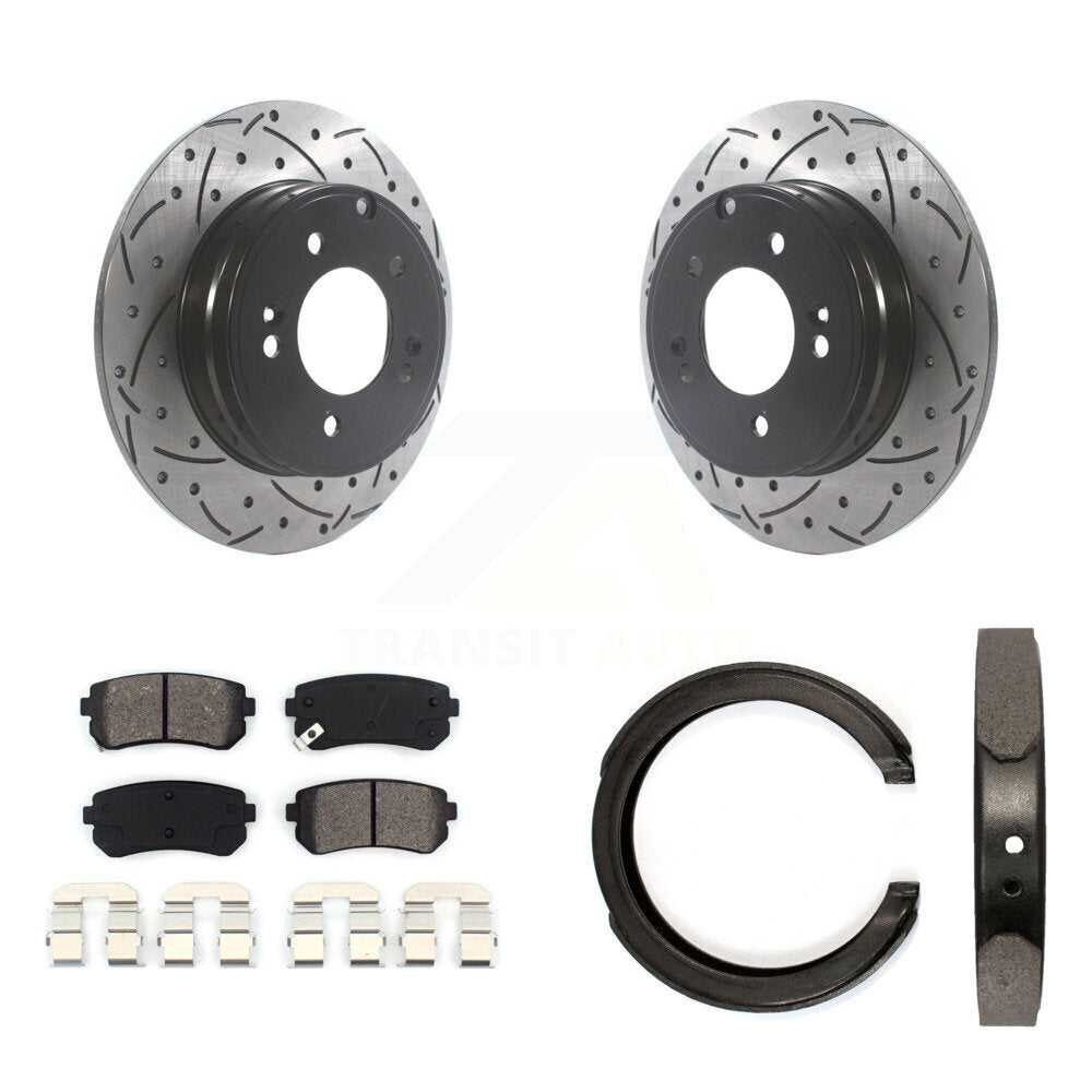 Rear Disc Drilled & Slotted Rotors Semi-Metallic Pads Parking Shoes Kit For Hyundai Kia KDS-101221
