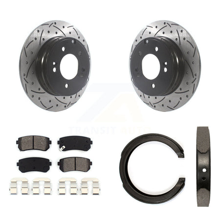 Rear Disc Drilled & Slotted Rotors Semi-Metallic Pads Parking Shoes Kit For Hyundai Kia KDS-101221