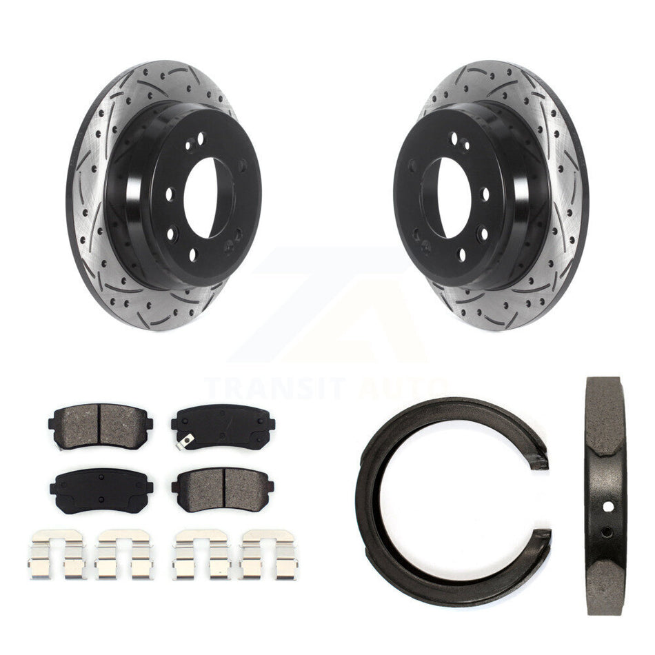 Rear Disc Drilled & Slotted Rotors Semi-Metallic Pads Parking Shoes Kit For Kia Sportage KDS-101224