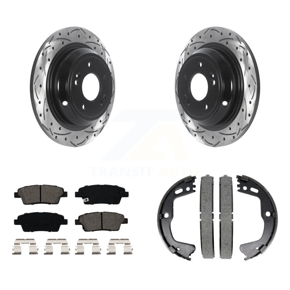 Rear Disc Drilled & Slotted Rotors Semi-Metallic Pads Parking Shoes Kit For Hyundai G80 KDS-101225