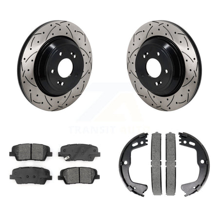 Rear Disc Drilled & Slotted Rotors Semi-Metallic Pads Parking Shoes Kit For Genesis G80 KDS-101226