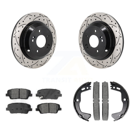 Rear Disc Drilled & Slotted Rotors Semi-Metallic Pads Parking Shoes Kit For Kia Stinger KDS-101227
