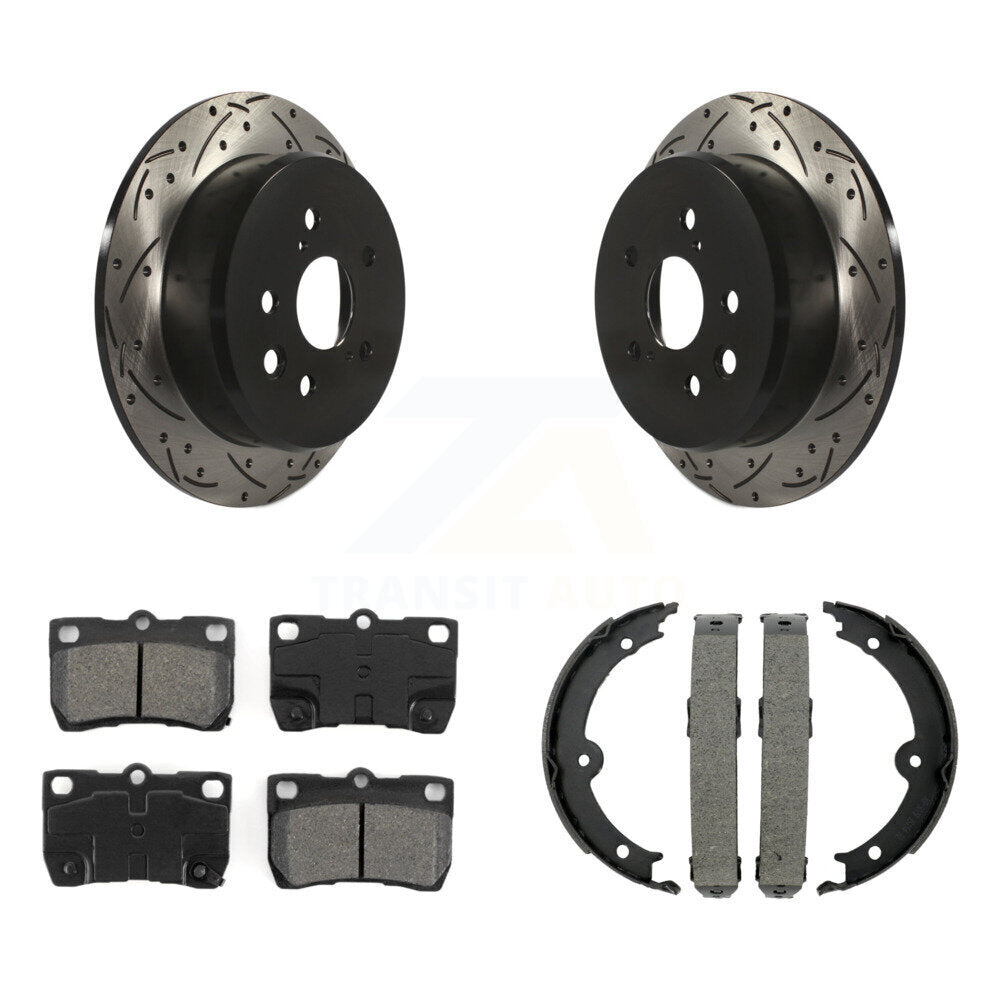 Rear Disc Drilled & Slotted Rotors Semi-Metallic Pads Parking Shoes Kit For Lexus IS250 KDS-101228