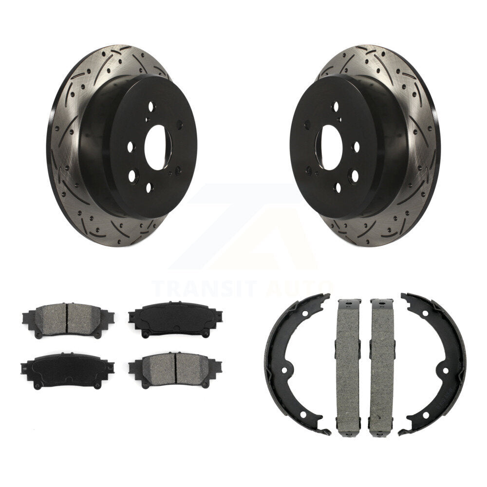Rear Disc Drilled & Slotted Rotors Semi-Metallic Pads Parking Shoes Kit For Lexus IS250 KDS-101229