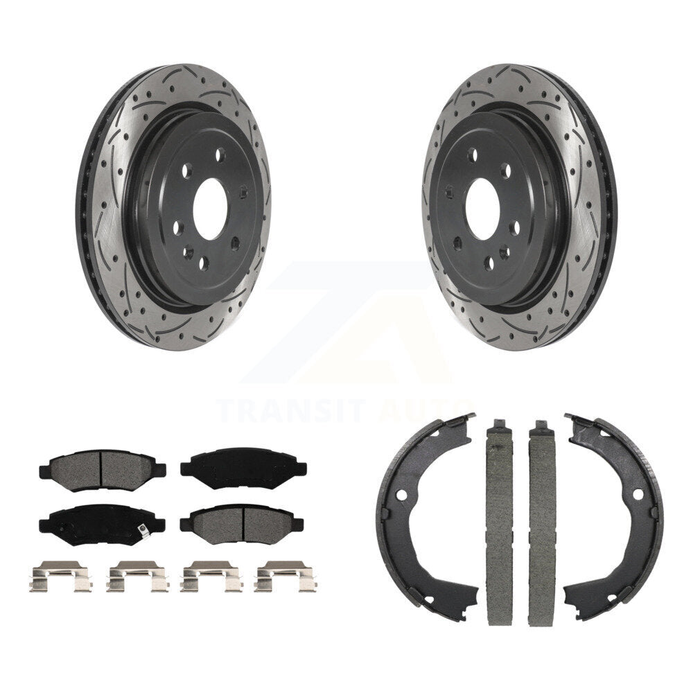 Rear Disc Drilled & Slotted Rotors Semi-Metallic Pads Parking Shoes Kit For Cadillac SRX KDS-101230