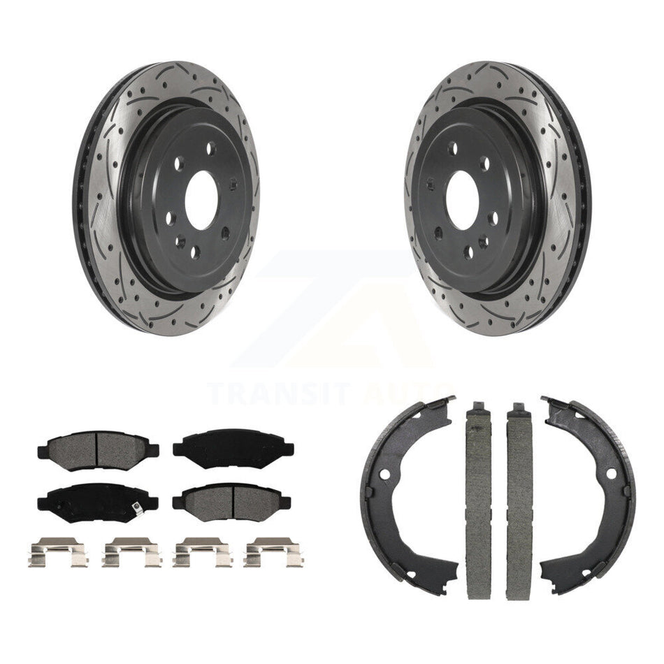 Rear Disc Drilled & Slotted Rotors Semi-Metallic Pads Parking Shoes Kit For Cadillac SRX KDS-101230
