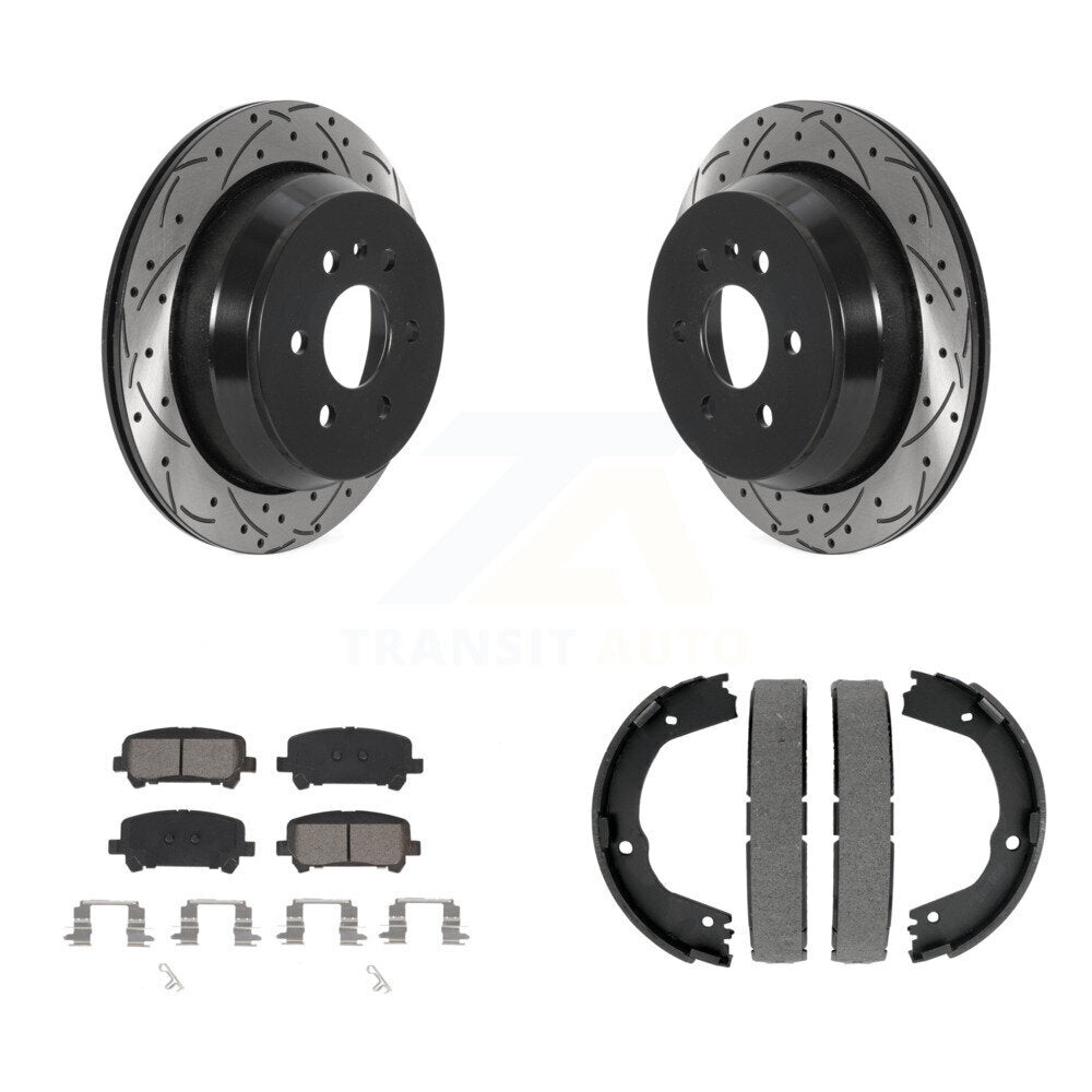 Rear Disc Drilled & Slotted Rotors Semi-Metallic Pads Parking Shoes Kit For Chevrolet GMC KDS-101231