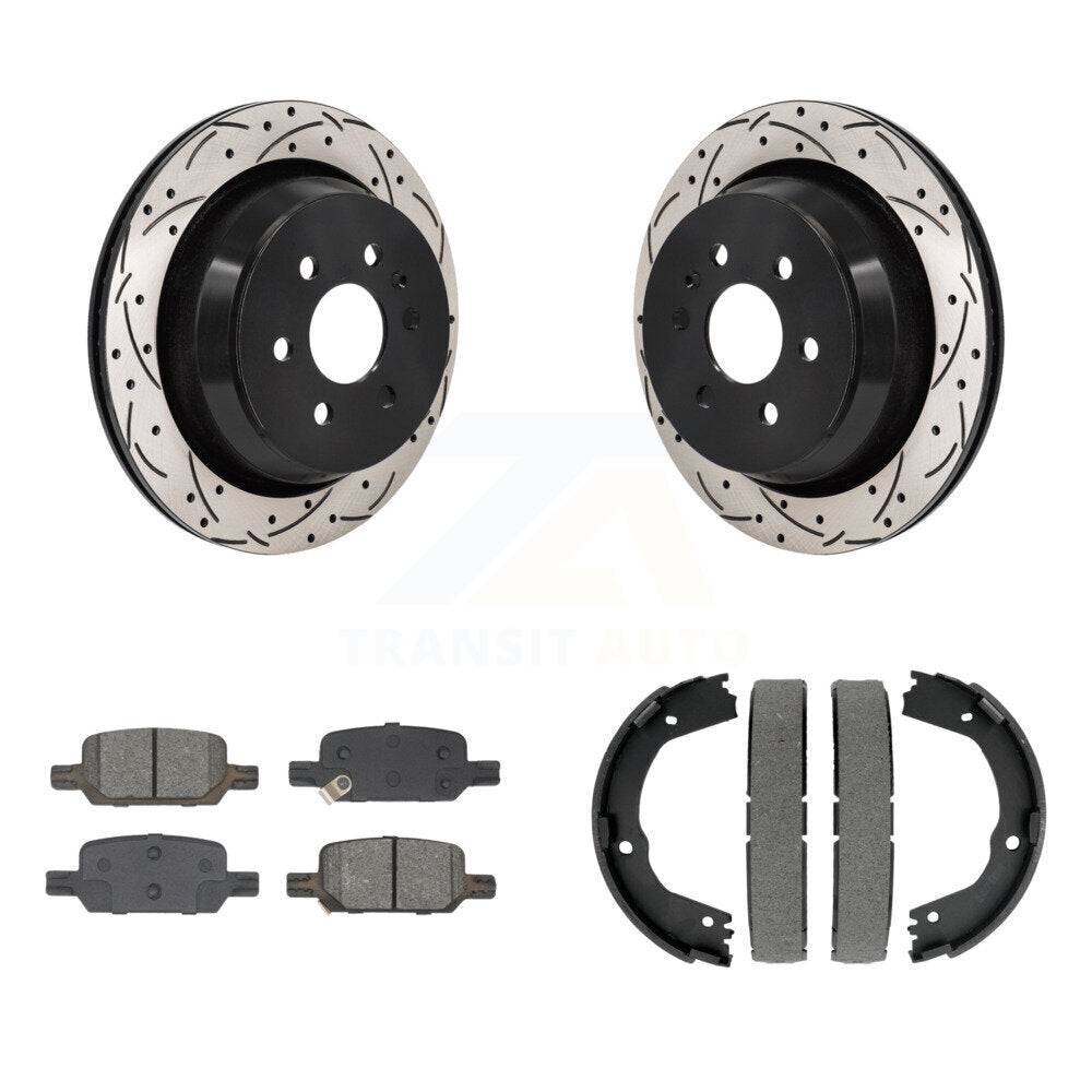 Rear Disc Drilled & Slotted Rotors Semi-Metallic Pads Parking Shoes Kit For Chevrolet GMC KDS-101232