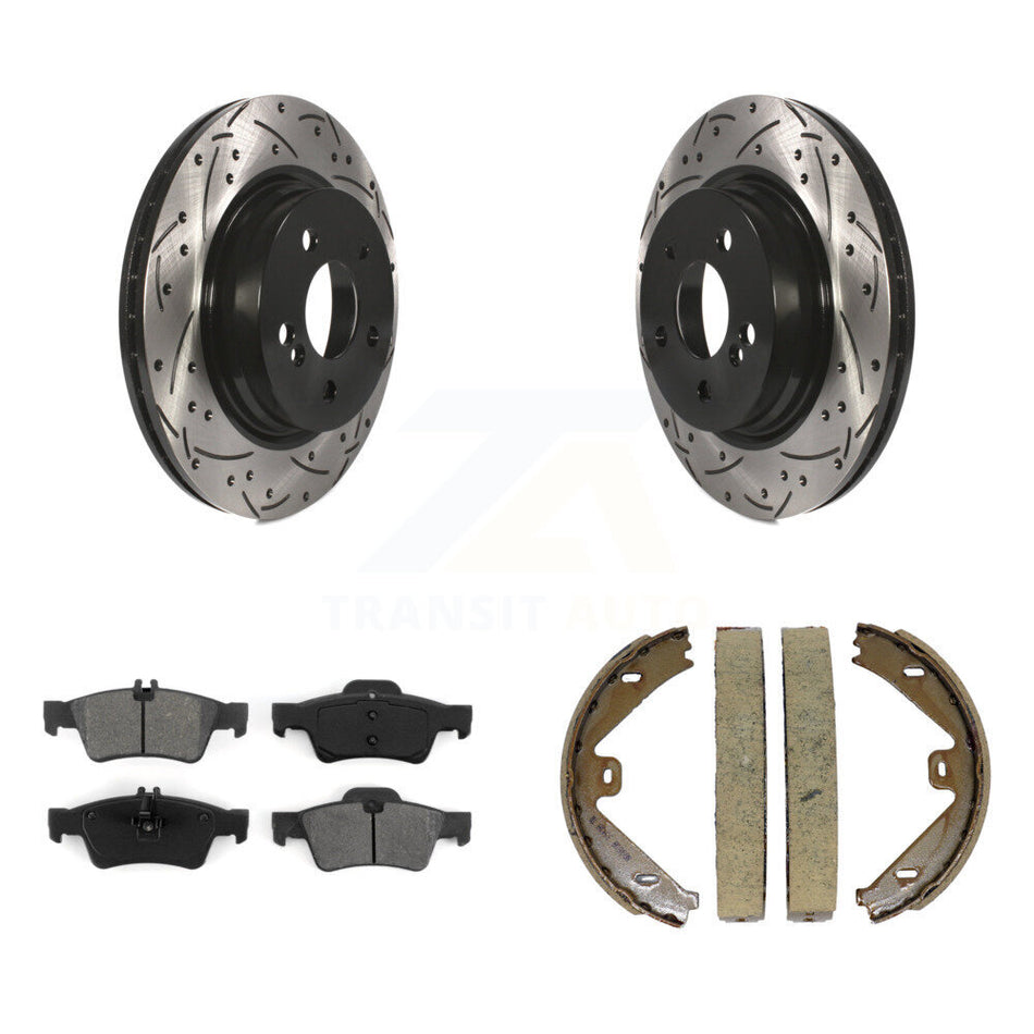 Rear Disc Drilled & Slotted Rotors Semi-Metallic Pads And Parking Brake Shoes Kit For KDS-101236
