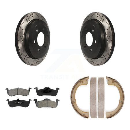 Rear Disc Drilled & Slotted Rotors Semi-Metallic Pads Parking Shoes Kit For Ford Lincoln KDS-101240