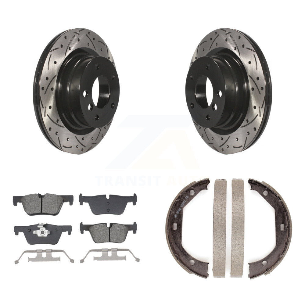 Rear Disc Drilled & Slotted Rotors Semi-Metallic Pads And Parking Shoes Kit For BMW 328i KDS-101245