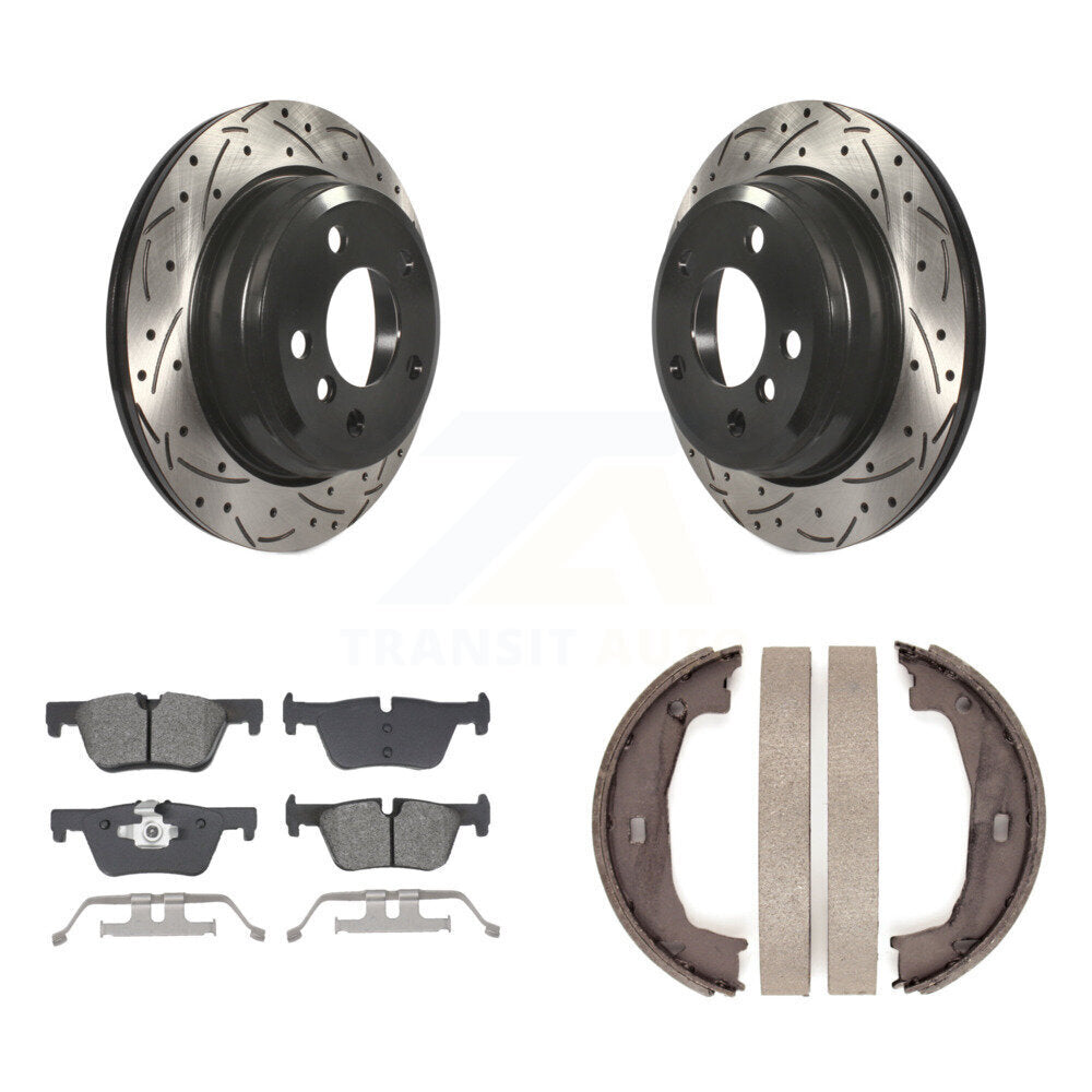 Rear Disc Drilled & Slotted Rotors Semi-Metallic Pads Parking Shoes Kit For BMW 320i 428i KDS-101249
