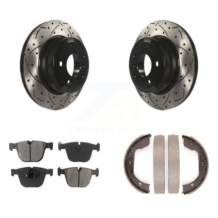 Rear Disc Drilled & Slotted Rotors Semi-Metallic Pads Parking Brake Shoes Kit For BMW X6 KDS-101252