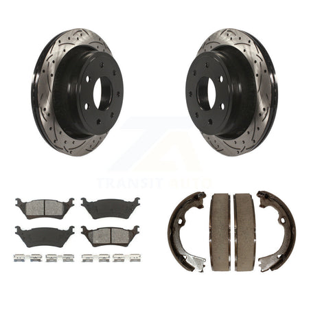 Rear Disc Drilled & Slotted Rotors Semi-Metallic Pads Parking Shoes Kit For Ford F-150 KDS-101254