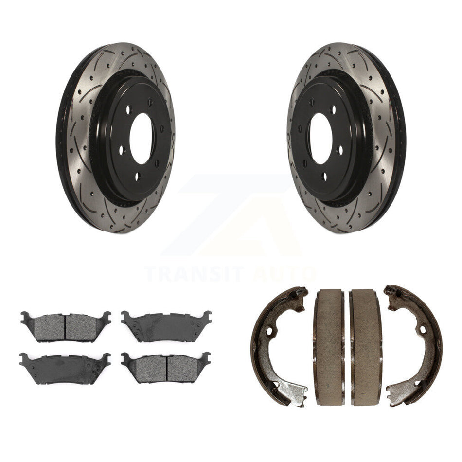 Rear Disc Drilled & Slotted Rotors Semi-Metallic Pads Parking Shoes Kit For Ford F-150 KDS-101256