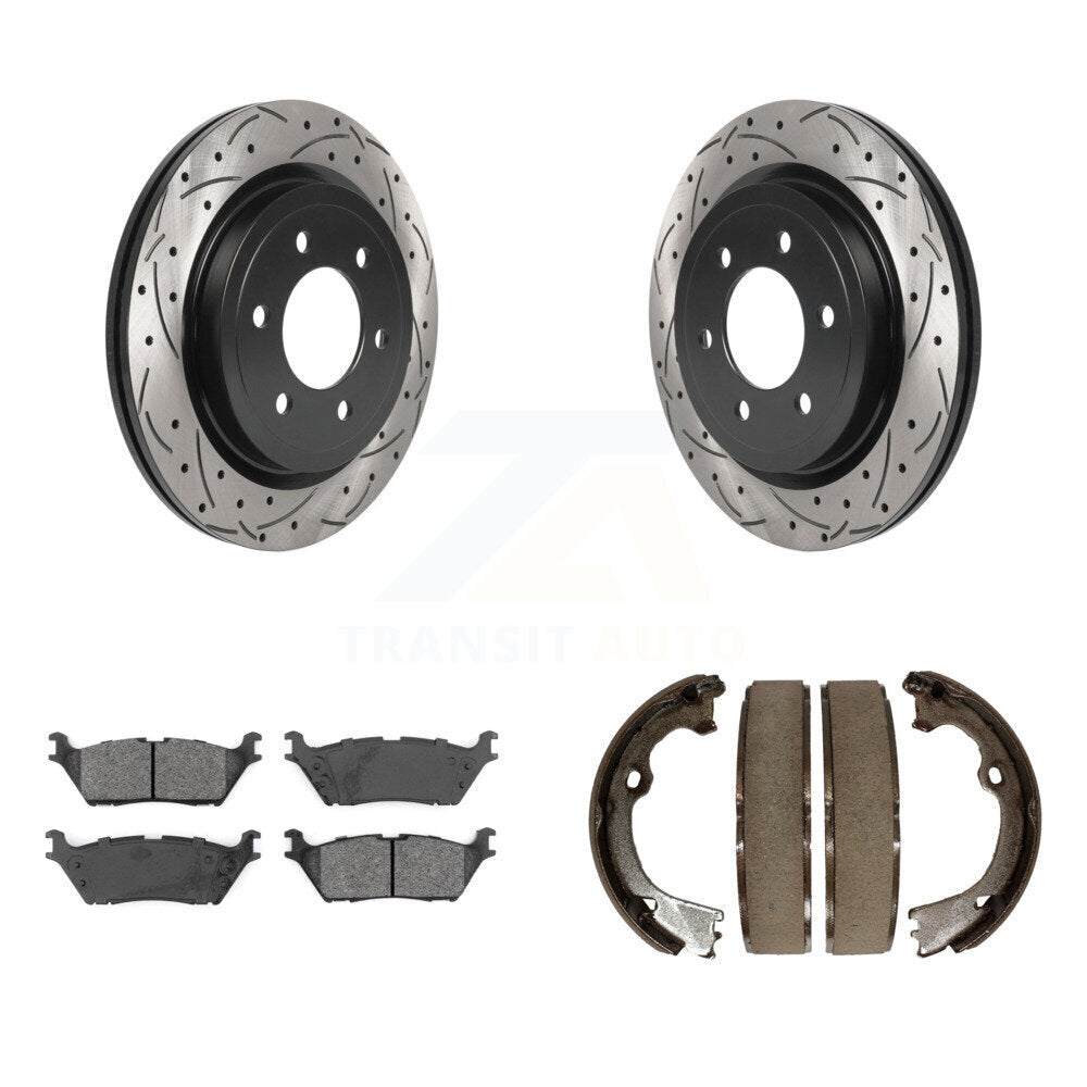 Rear Disc Drilled & Slotted Rotors Semi-Metallic Pads Parking Shoes Kit For Ford F-150 KDS-101257