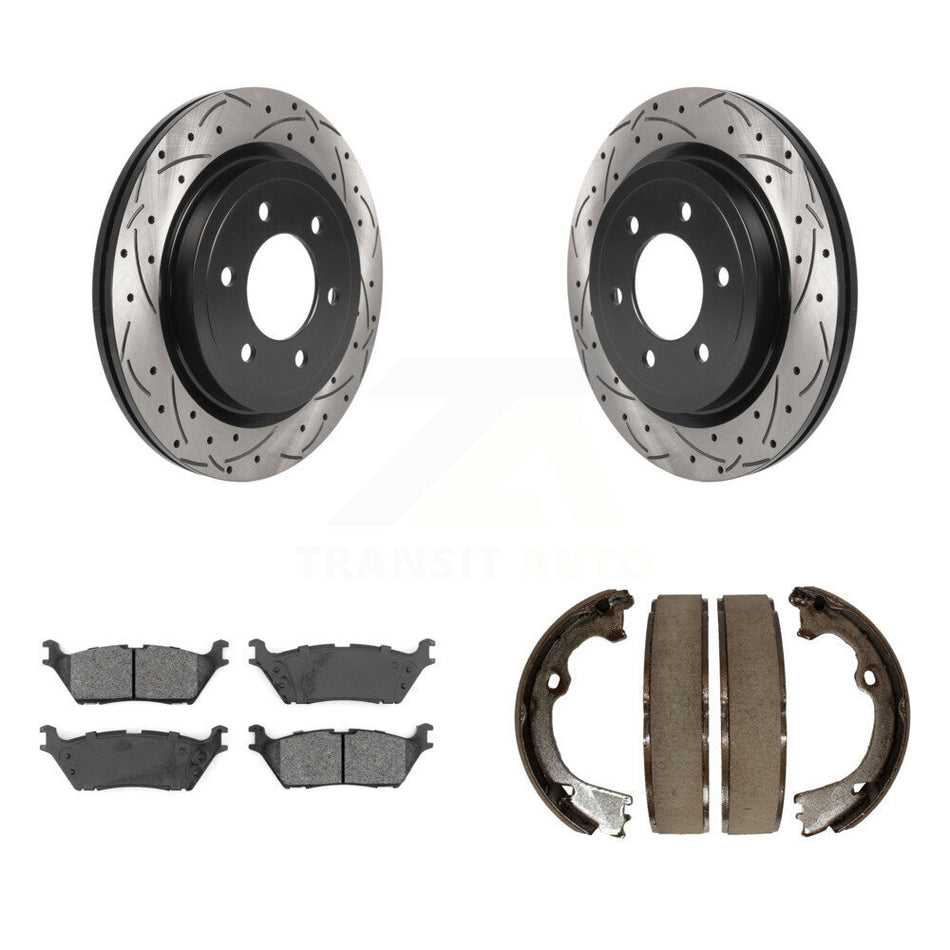 Rear Disc Drilled & Slotted Rotors Semi-Metallic Pads Parking Shoes Kit For Ford F-150 KDS-101257