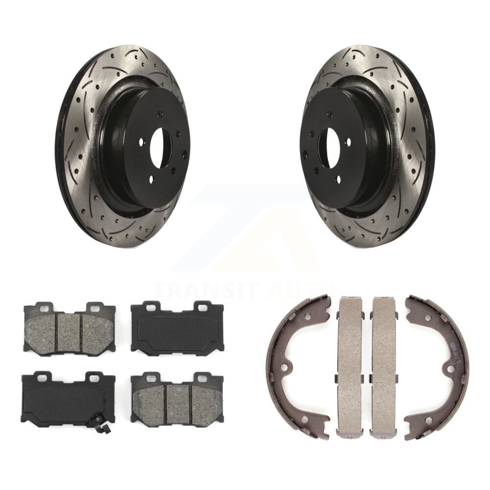 Rear Disc Drilled & Slotted Rotors Semi-Metallic Pads Parking Shoes Kit For INFINITI Q50 KDS-101259