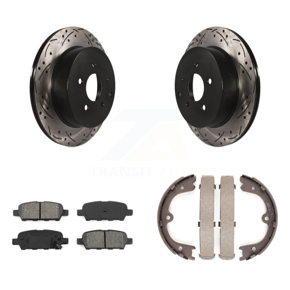 Rear Disc Drilled & Slotted Rotors Semi-Metallic Pads Parking Shoes Kit For Nissan Murano KDS-101260