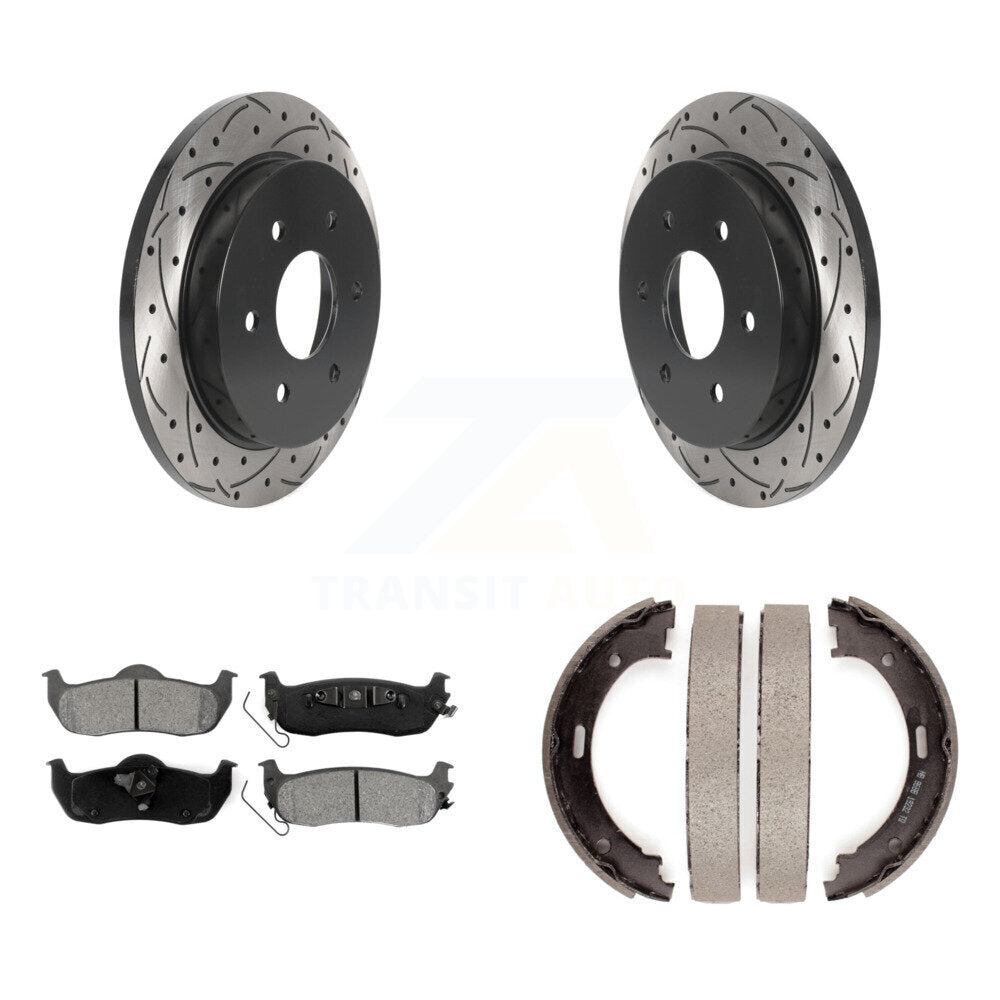 Rear Disc Drilled & Slotted Rotors Semi-Metallic Pads Parking Shoes Kit For Nissan TITAN KDS-101263
