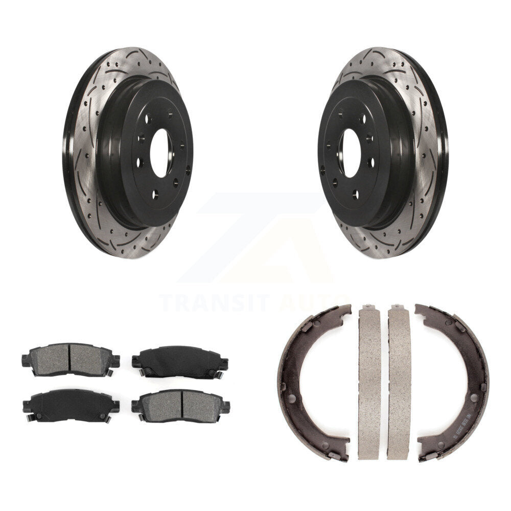 Rear Disc Drilled & Slotted Rotors Semi-Metallic Pads Parking Shoes Kit For GMC Acadia KDS-101264