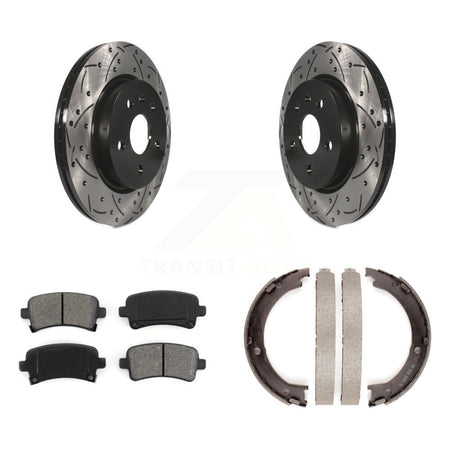 Rear Disc Drilled & Slotted Rotors Semi-Metallic Pads Parking Shoes Kit For Cadillac XTS KDS-101265