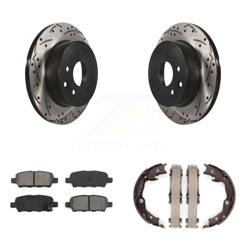 Rear Disc Drilled & Slotted Rotors Semi-Metallic Pads Parking Shoes Kit For Nissan Rogue KDS-101267