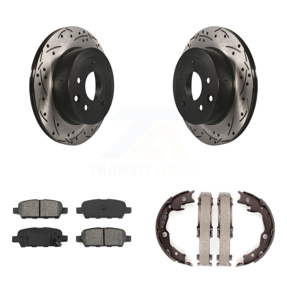 Rear Disc Drilled & Slotted Rotors Semi-Metallic Pads Parking Shoes Kit For Nissan Rogue KDS-101267