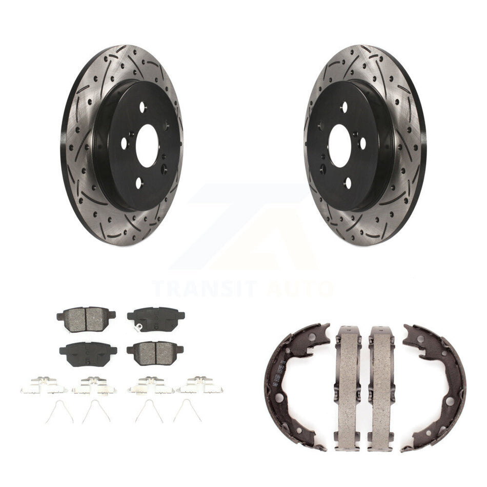 Rear Disc Drilled & Slotted Rotors Semi-Metallic Pads Parking Shoes Kit For Toyota Matrix KDS-101269