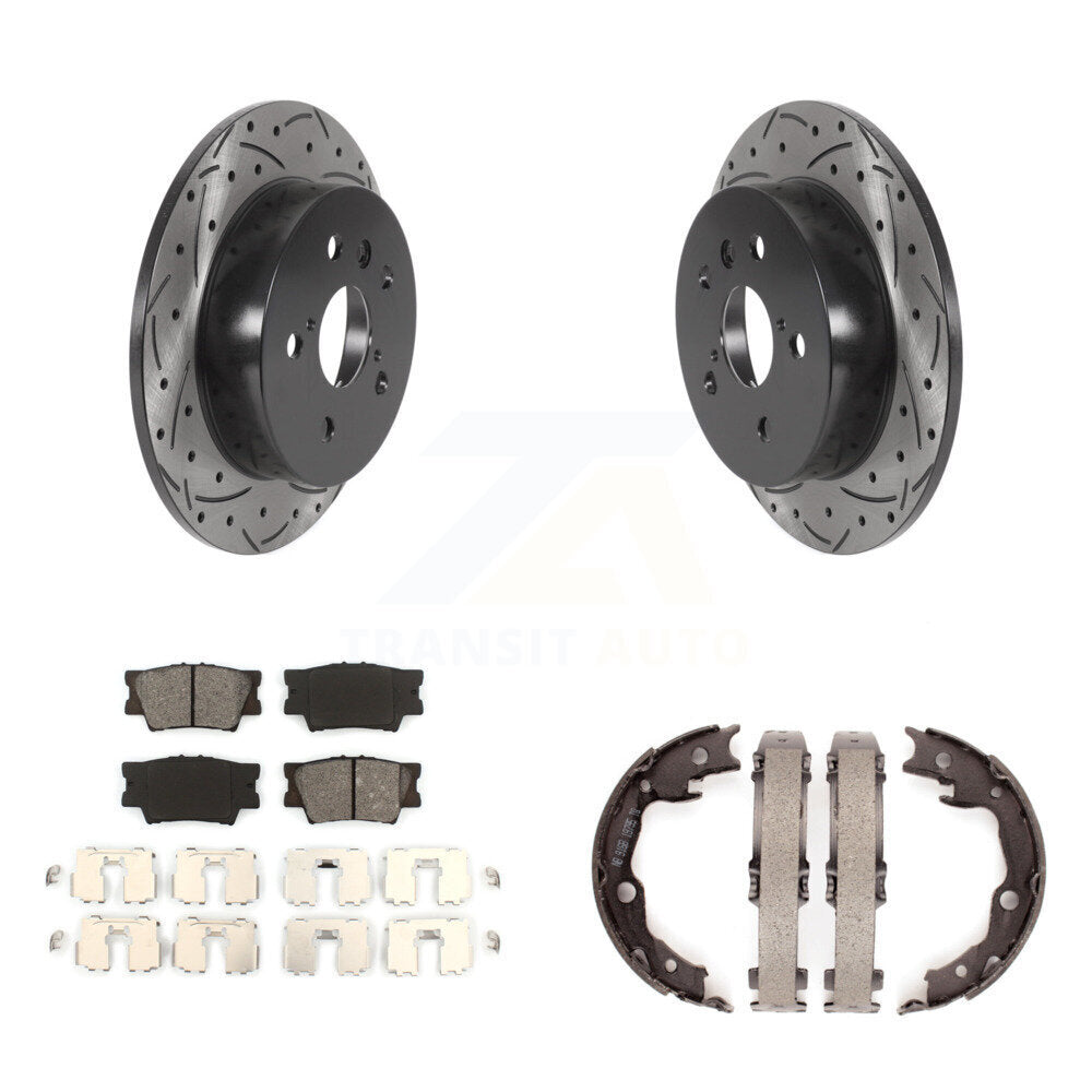 Rear Disc Drilled & Slotted Rotors Semi-Metallic Pads Parking Shoes Kit For Toyota Camry KDS-101270