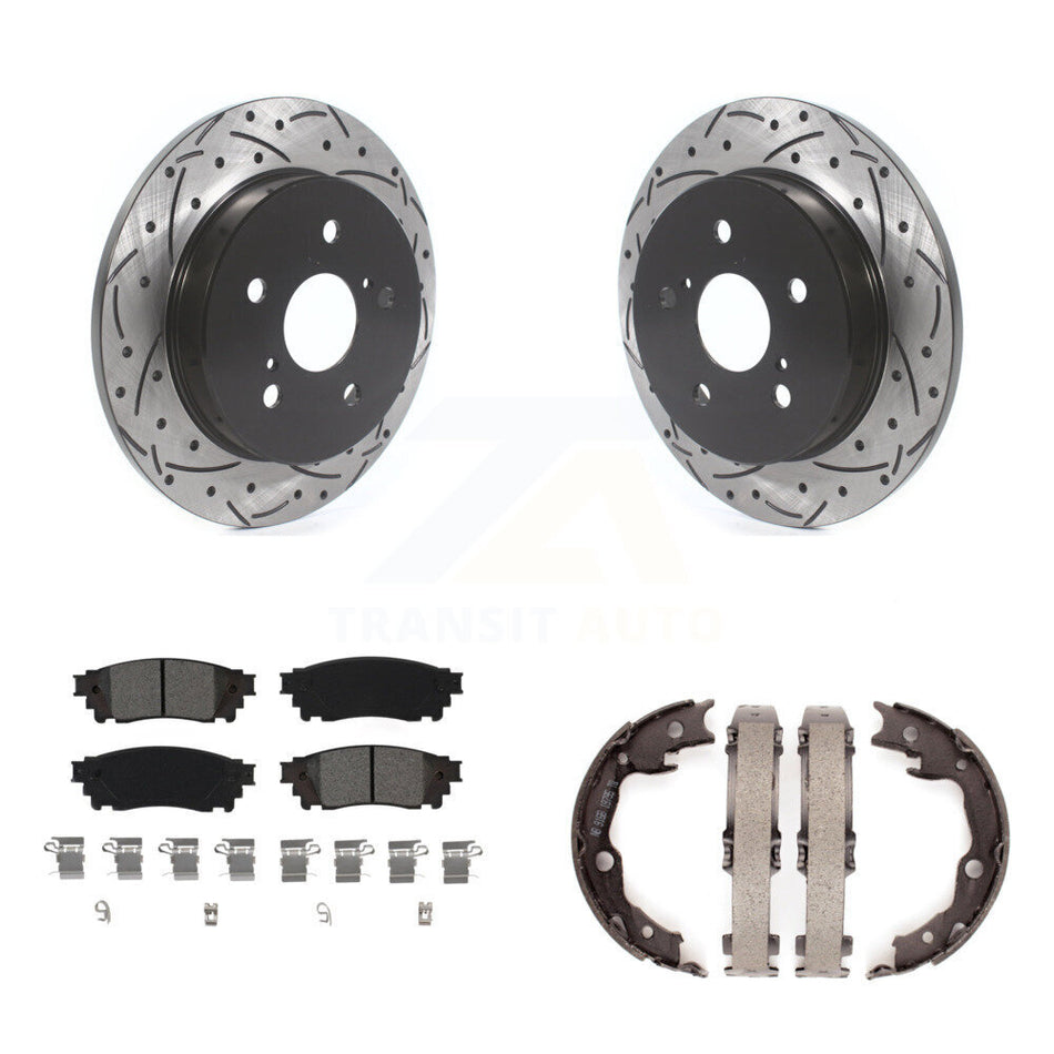 Rear Disc Drilled & Slotted Rotors Semi-Metallic Pads Parking Shoes Kit For Toyota Camry KDS-101271